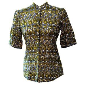 Banana Republic Boho Leaf Batik Blouse Sz Small Mandarin Collar Puff Sleaves Cot